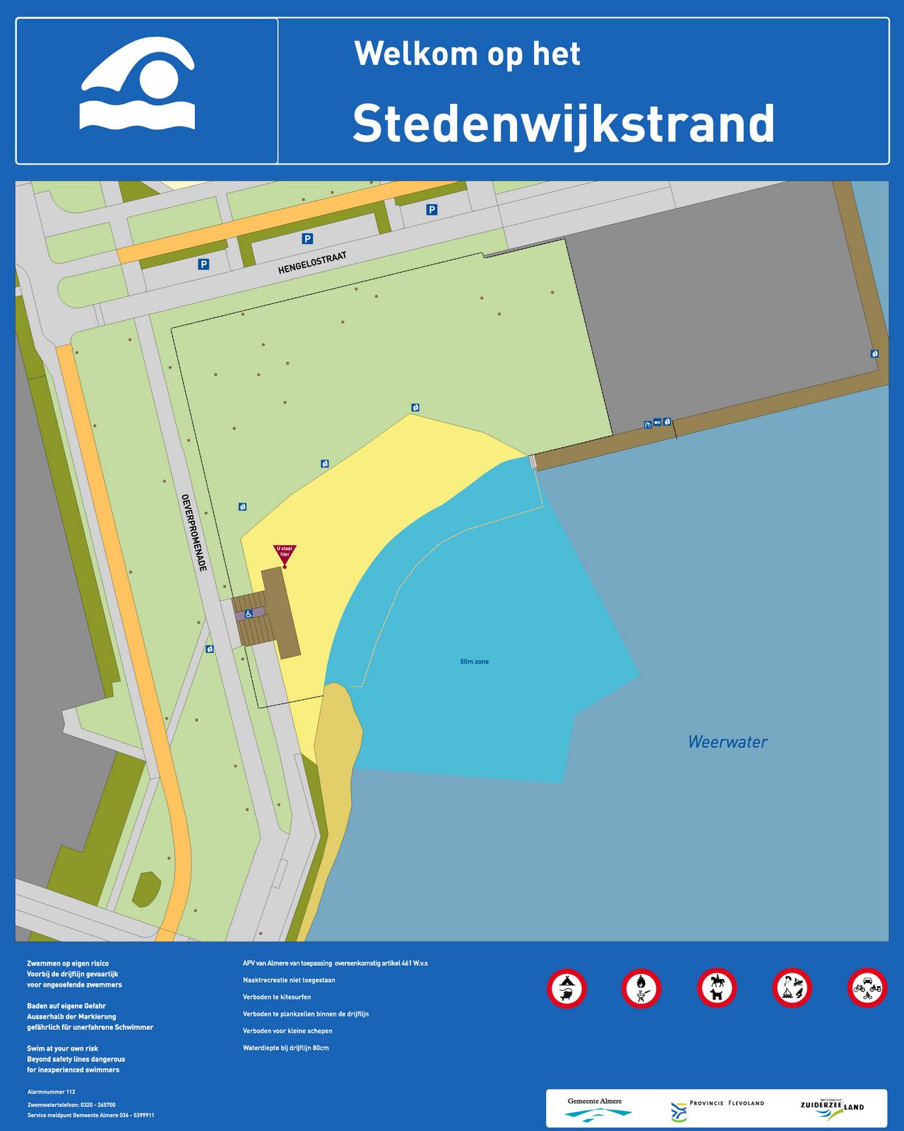 Het informatiebord bij zwemlocatie Stedenwijkstrand, Weerwater